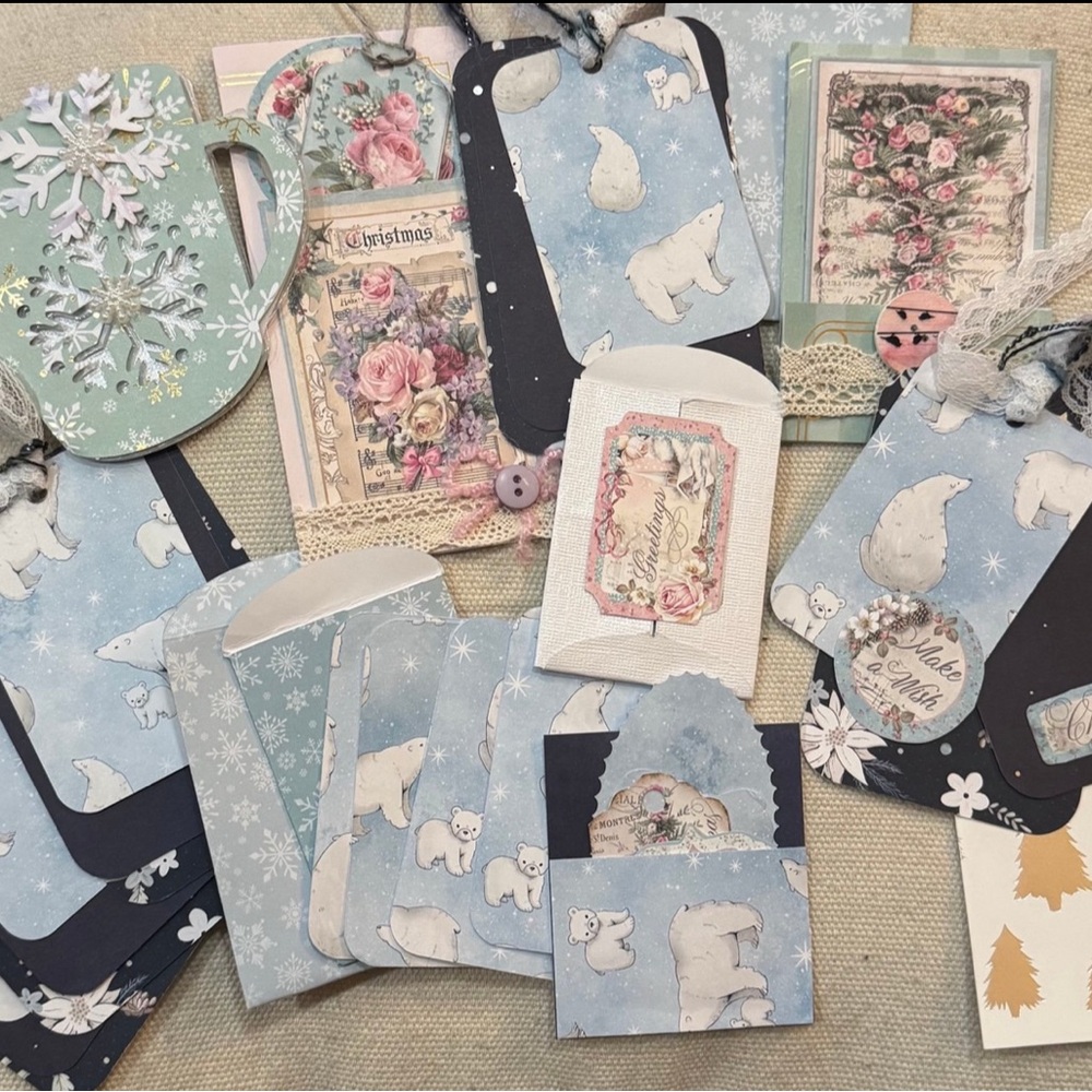 Pink/Blue Christmas Tags. Notecards Wrappings Lace Ribbon Polar Bears Envelopes